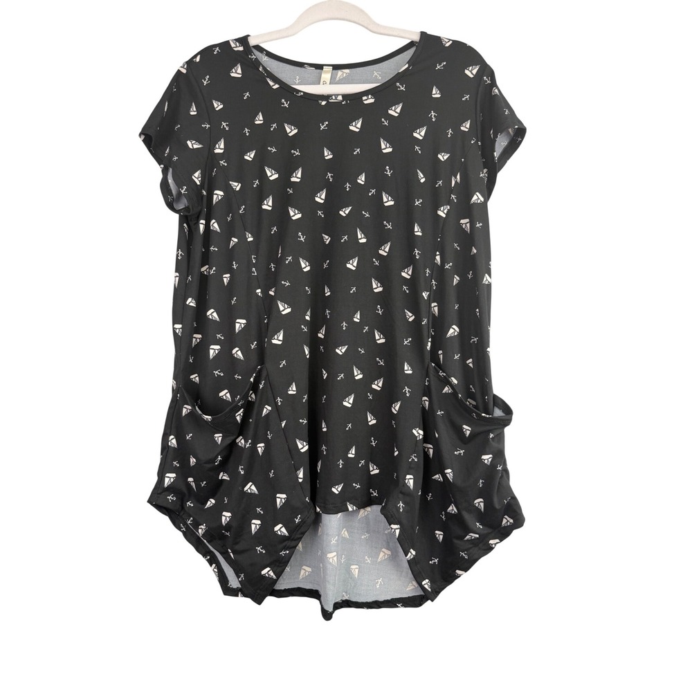 Cool Melon Nautical Sailboat Anchor Print Tunic Top Black XL High Low Pockets